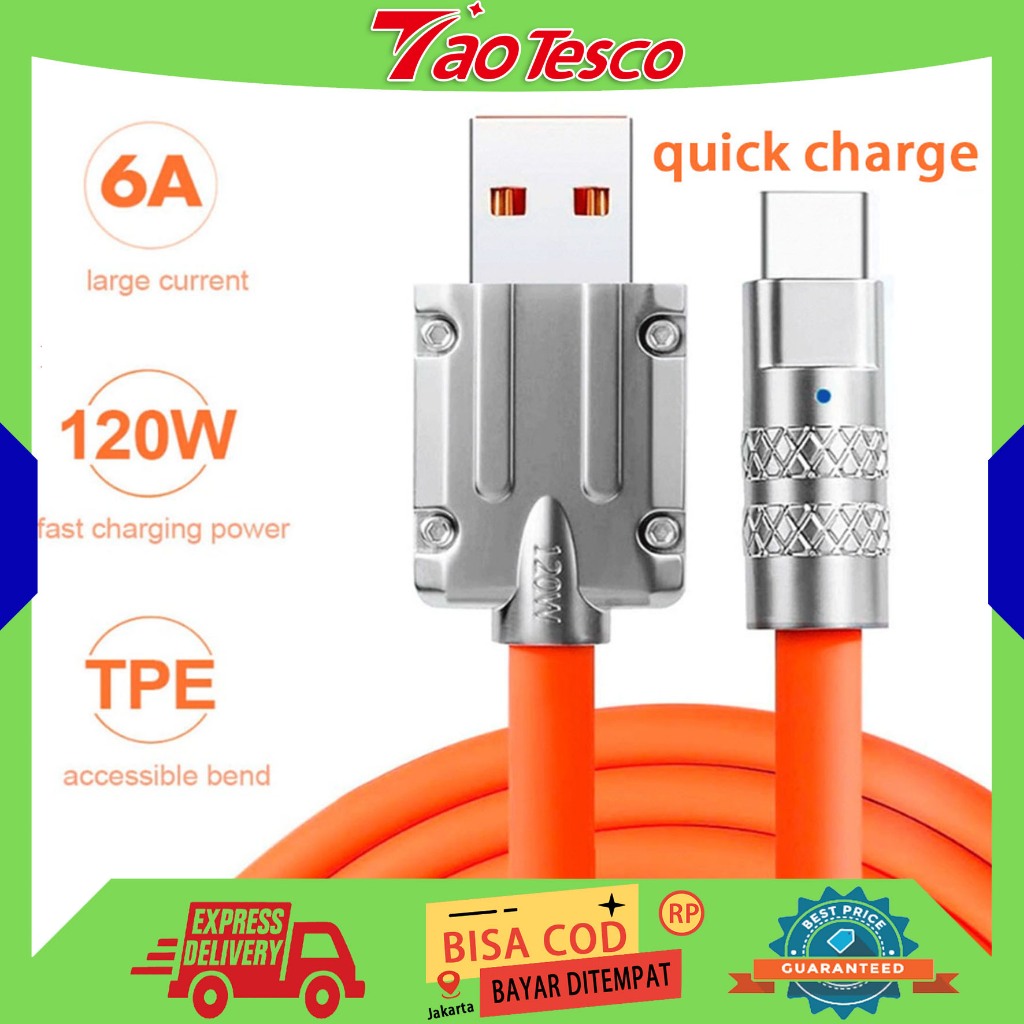 (ORI,COD)120W 2M Kabel Data USB A to Type-C Fast Charging Cable Durable Silicone Wire Orange Kuat Ta