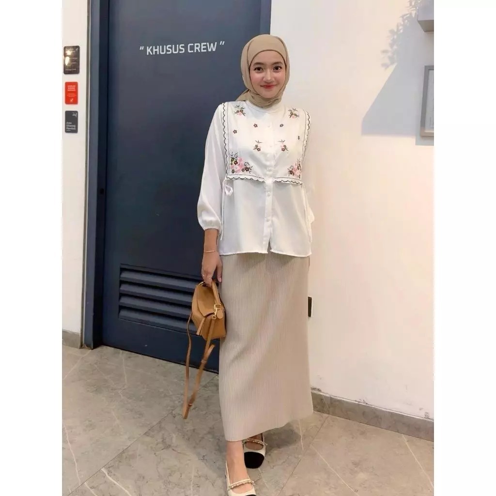 MYSHA KODE A - KEMEJA PUTIH NARIKA BLOUSE TALI COMBI MOTIF BUNGA / ATASAN BLOUSE WANITA ELEGANT / AT