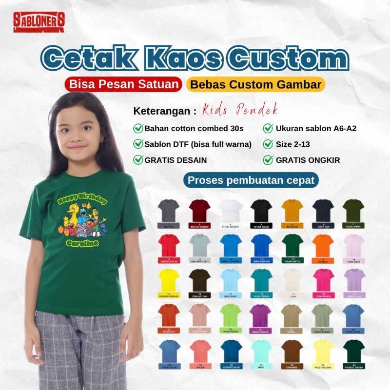 Sablon Kaos Anak Satuan Custom Nama Foto DTF Full Colour Murah Cotton Combed 30s Premium Quality - P