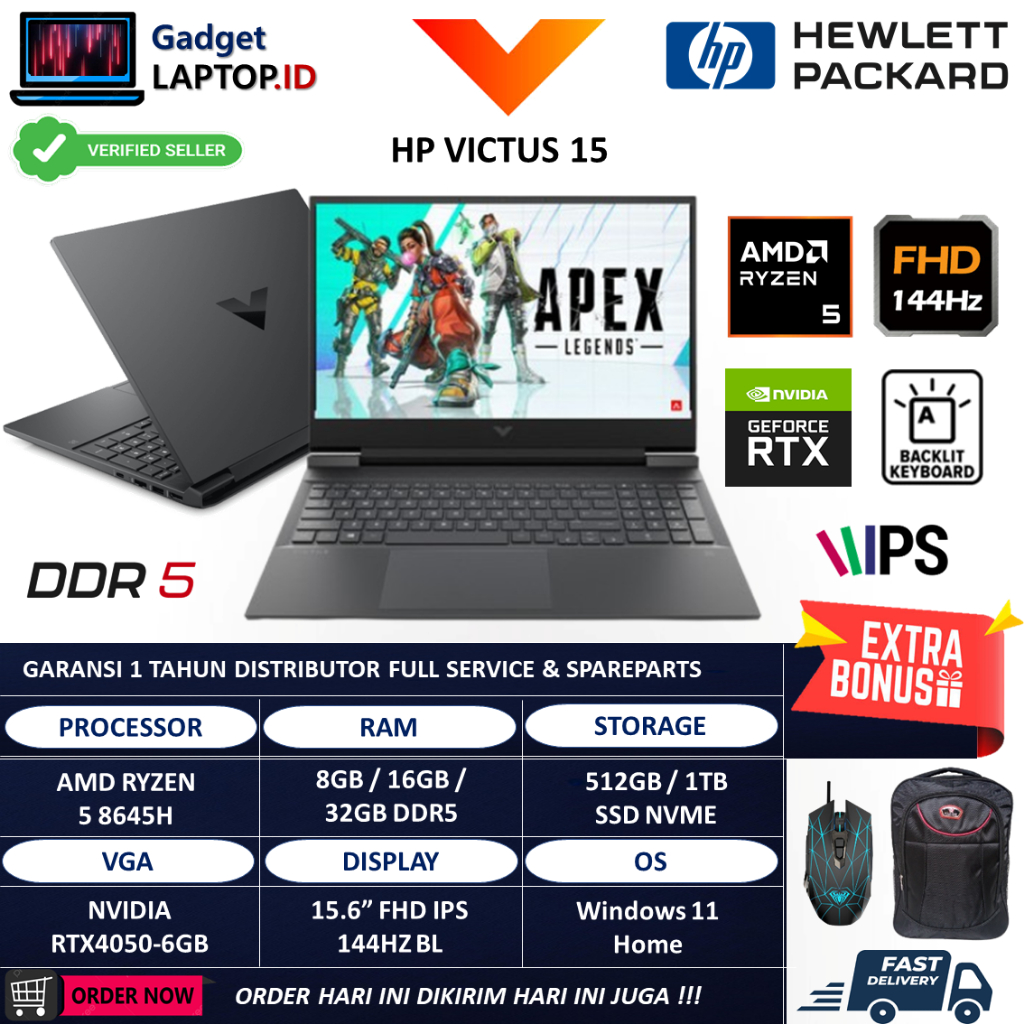 Laptop Gaming HP Victus 15 Amd Ryzen 5 8645H 32GB DDR5 1TB RTX4050 Full HD IPS 144Hz Windows 11