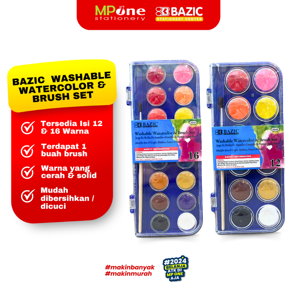 

Bazic Washable Marker Watercolor + Brush Isi 12 (2640) Warna & 16 (2641) Warna / Cat Air 12 & 16 Warna Bazic (free kuas)