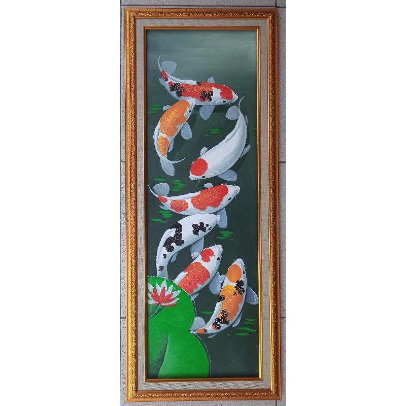 Lukisan tangan Ikan koi 7/9 ekor lengkap dengan bingkai pigura ukuran 90cm x 30cm