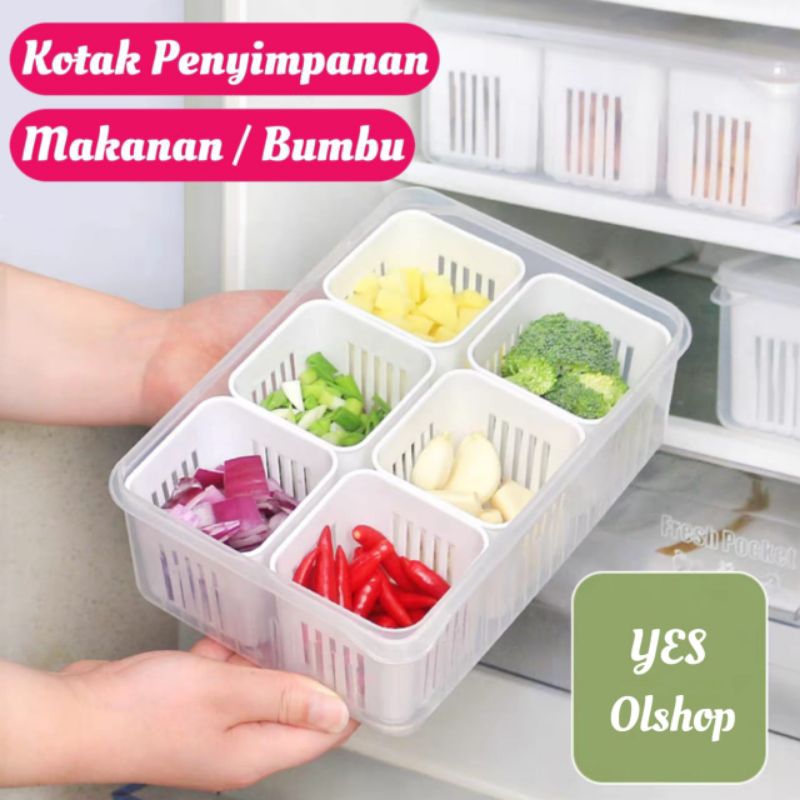 Kotak Penyimpanan Cabe Bawang Sayuran 6 Sekat Dengan Saringan / Wadah Penyimpanan Kulkas