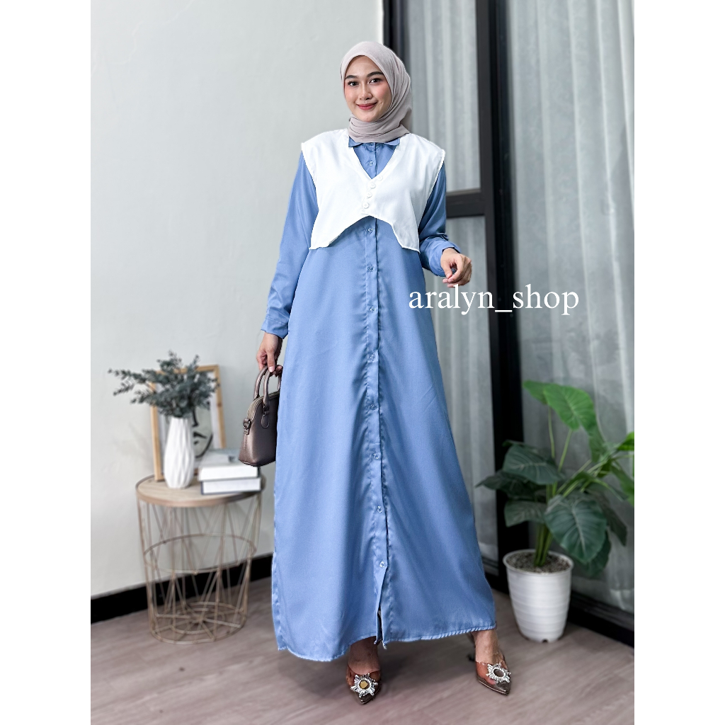 Gamis yura set2in1 + vest / rompi bahan tiffany twill kancing aktif friendly busui