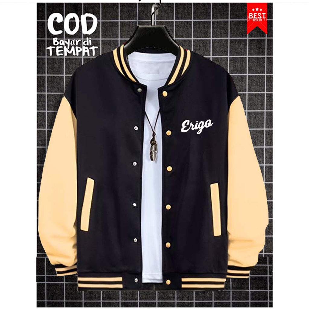 ANZDISTRO - Jaket Varsity Erigo Motif Putih Unisex