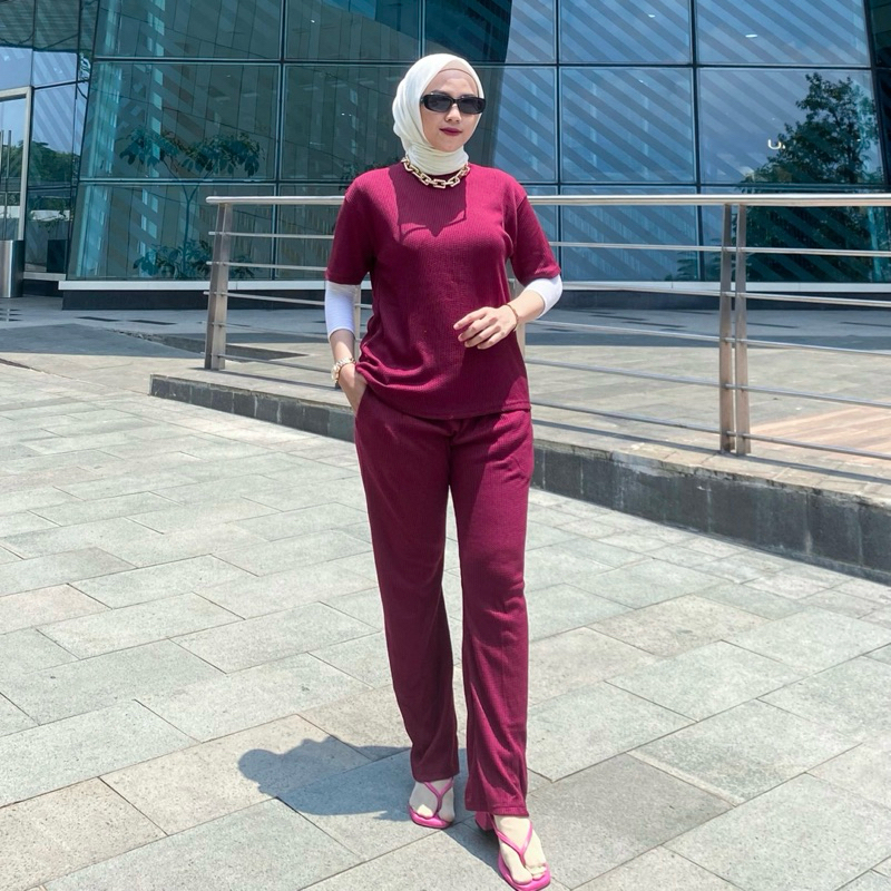 SETELAN WANITA / SETCEL WAFFLE LENGAN PENDEK/ONESET WANITA