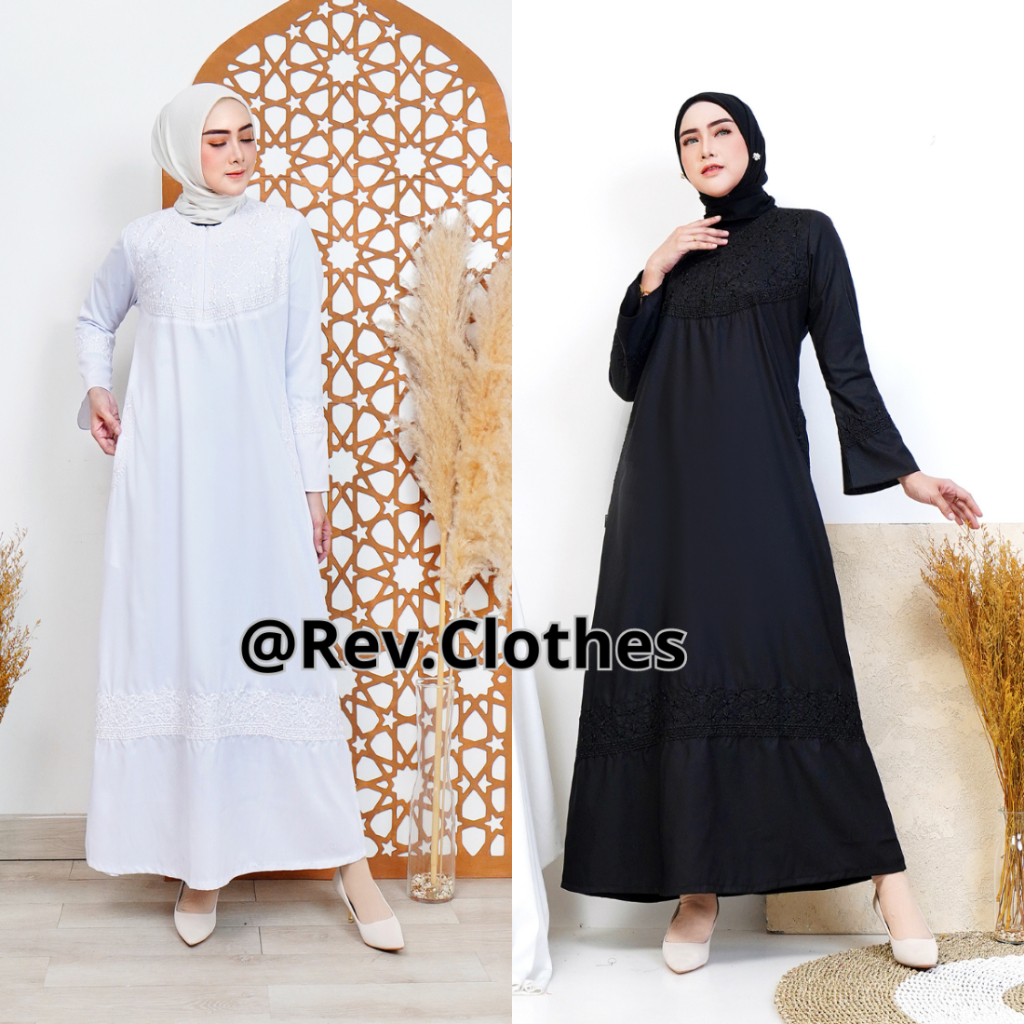 Gamis Hitam dan Putih Busana Haji dan Umroh Wanita Mix Bordir Bahan Toyobo Fodu