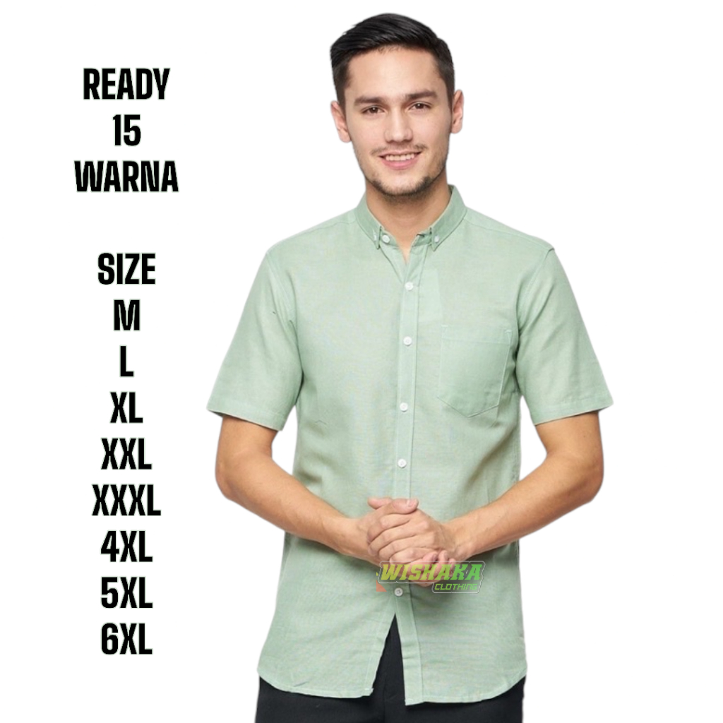 WISHAKA Kemeja Pria Lengan Pendek Cowok Polos Katun Hijau Muda Sage Toska XL XXL XXXL Kasual