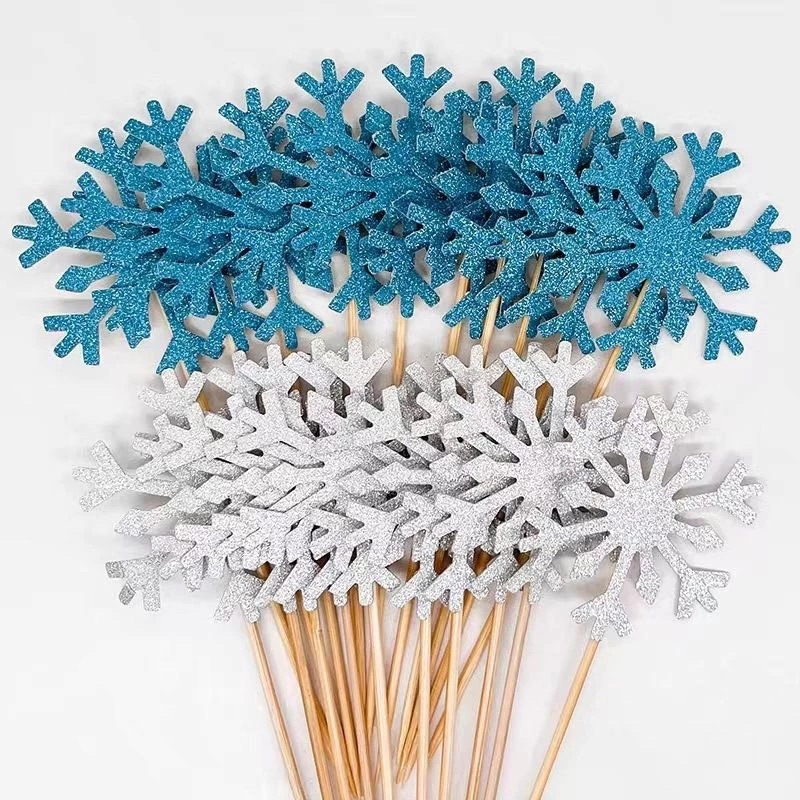 Cake topper salju bahan kertas glitter warna putih dan biru snowflake snow flake toper hiasan kue ul