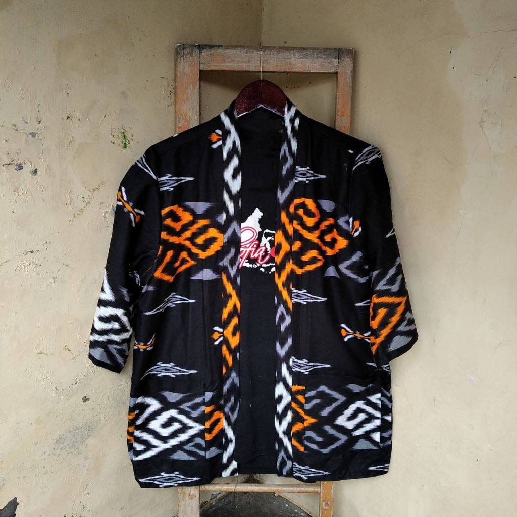 Wolv Kimono Outer Unisex Loose Casual Lengan Pendek Outer Cardigan Pria Etnik Outerwear Tenun