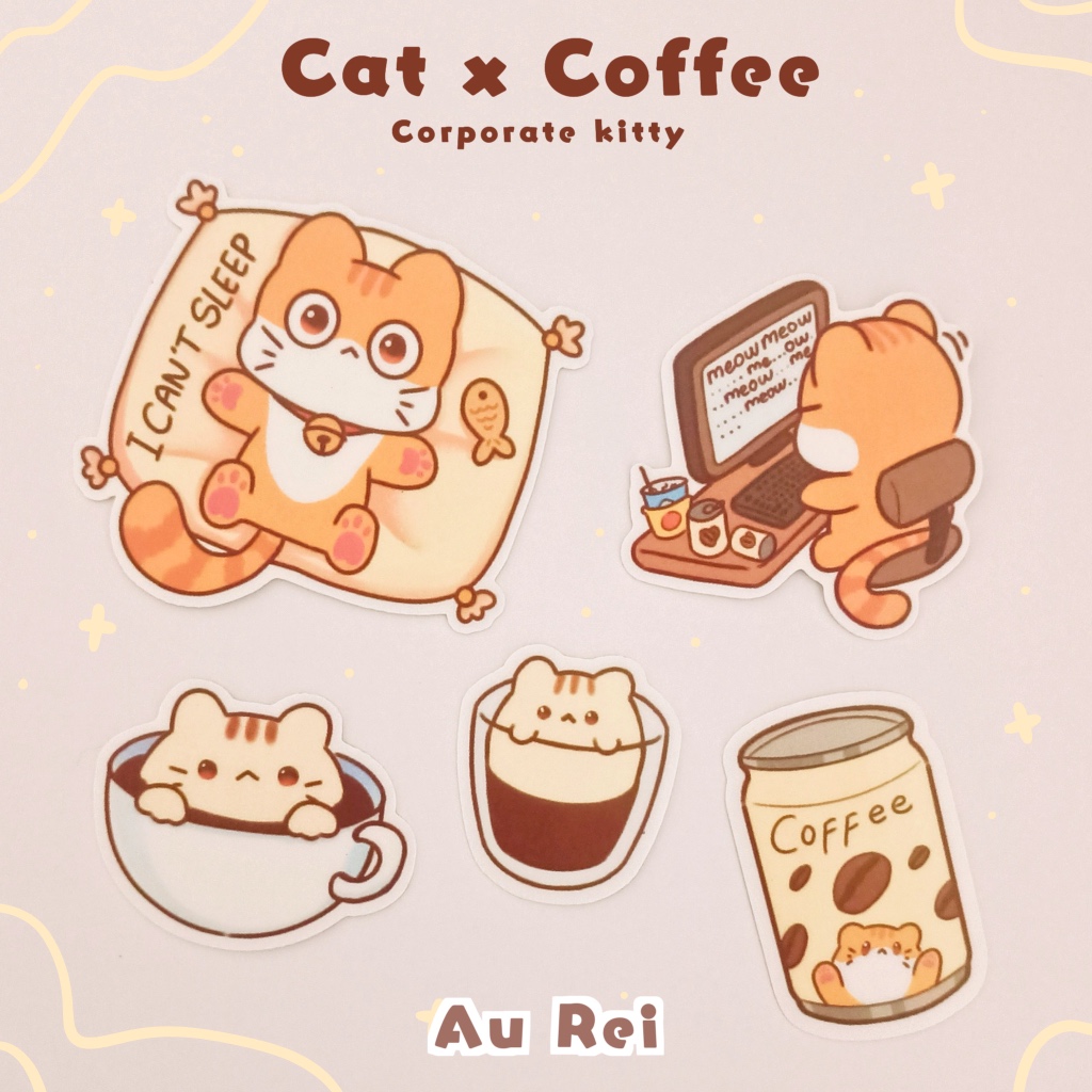 

Cat x coffee sticker pack | include 5 stickers of corporate kitty & coffee cat| waterproof vinyl sticker | by au rei