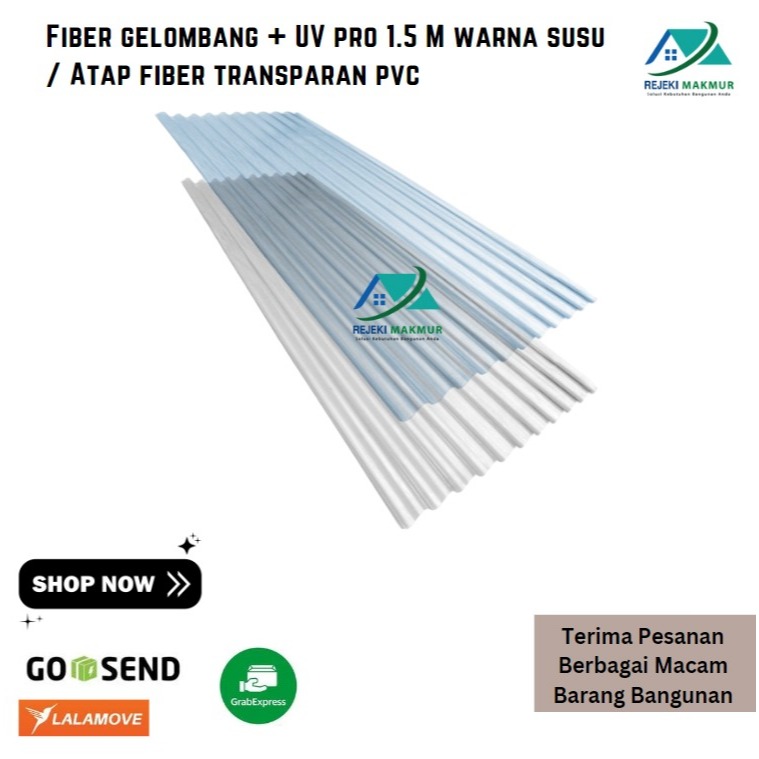 Fiber gelombang + UV pro 1.5 Meter x 80 cm x 0.8 mm warna putih susu / Atap fiber bening transparan 