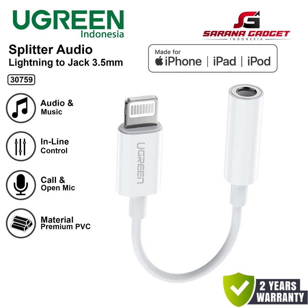UGREEN 30759 Audio Converter Lightning to 3.5mm MFI Made For Iphone 8 8+ Plus X 11 12 13 14 Pro Max 