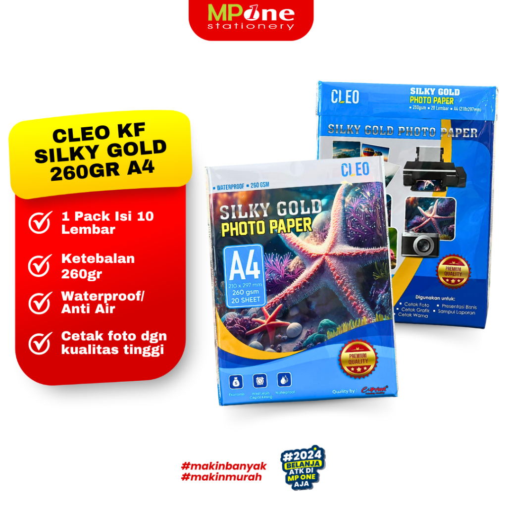 

(1 PACK) Cleo Kertas Foto Silky Gold Ukuran A4 260gr Isi 20 Lembar / Photo Paper Silky Gold 1 Sheet CLEO