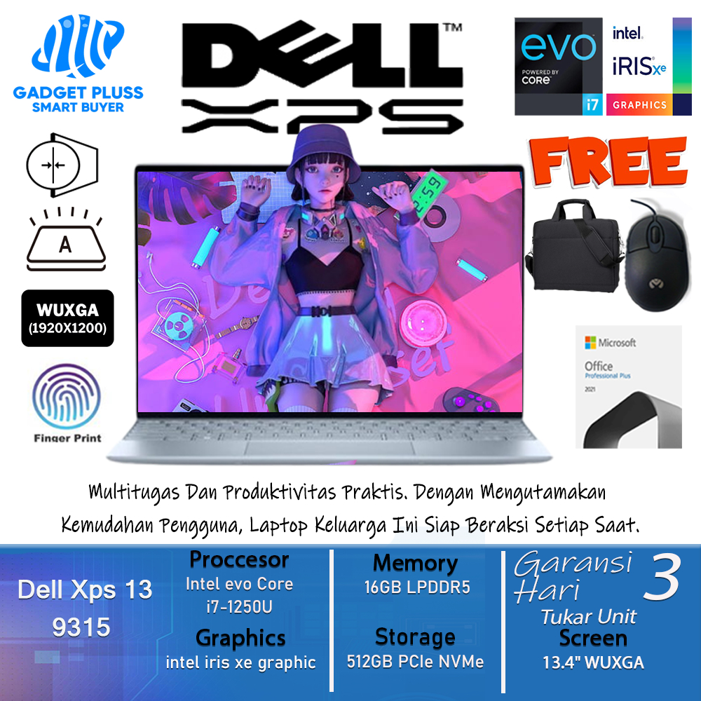 Laptop Dell Xps 13 9315 Intel Evo I7 1250U Ram 16GB DDR5 512GB SSD 13.4 WUXGA IPS Windows11 Home Sky