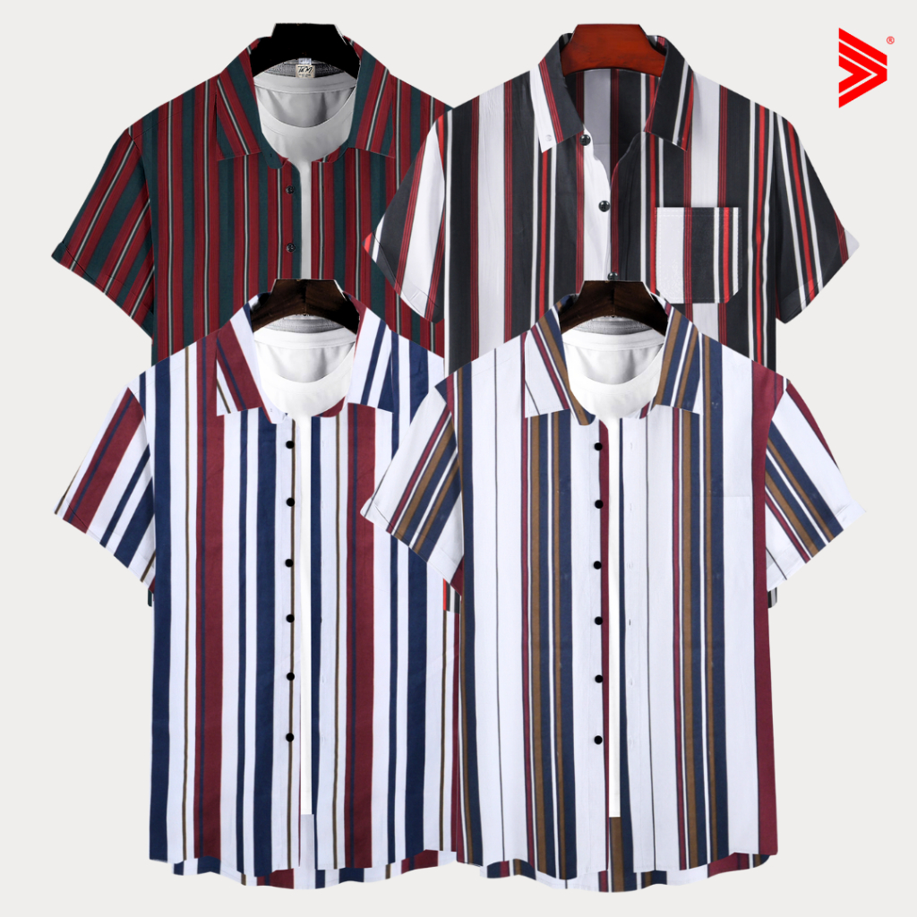 Tiagan99 Kemeja Motif Salur Stripe Garis Garis Pria Wanita Lengan Pendek Katun Kemeja Couple