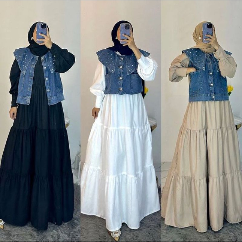 Lavanya Dress + Rompi Wanita Matt Cringkle Mix Jeans Aplikasi Mutiara Fashion Wanita Muslim Terbaru 