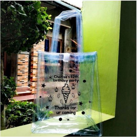 

Goodie Bag Ulang Tahun / Tas Plastik Full Mika Hampers Bening + Sablon 20x14x25