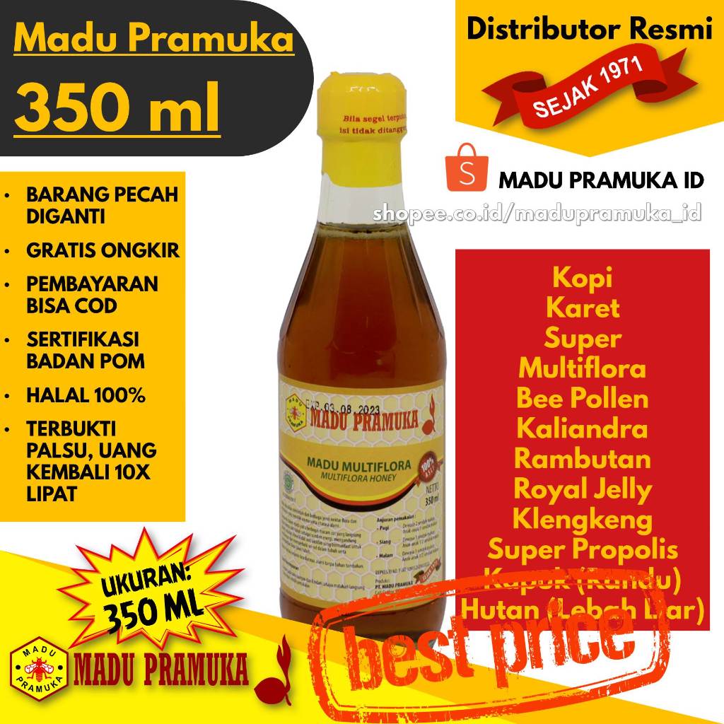 

Madu Pramuka 350ML 350 ML - Multiflora Royal Jelly Super Kapuk (Randu) Hutan (Lebah Liar) Bee Pollen Kaliandra Karet Klengkeng Kopi Super Propolis Rambutan - Asli Enak Original Alami Murni Murah - Resmi Star Seller