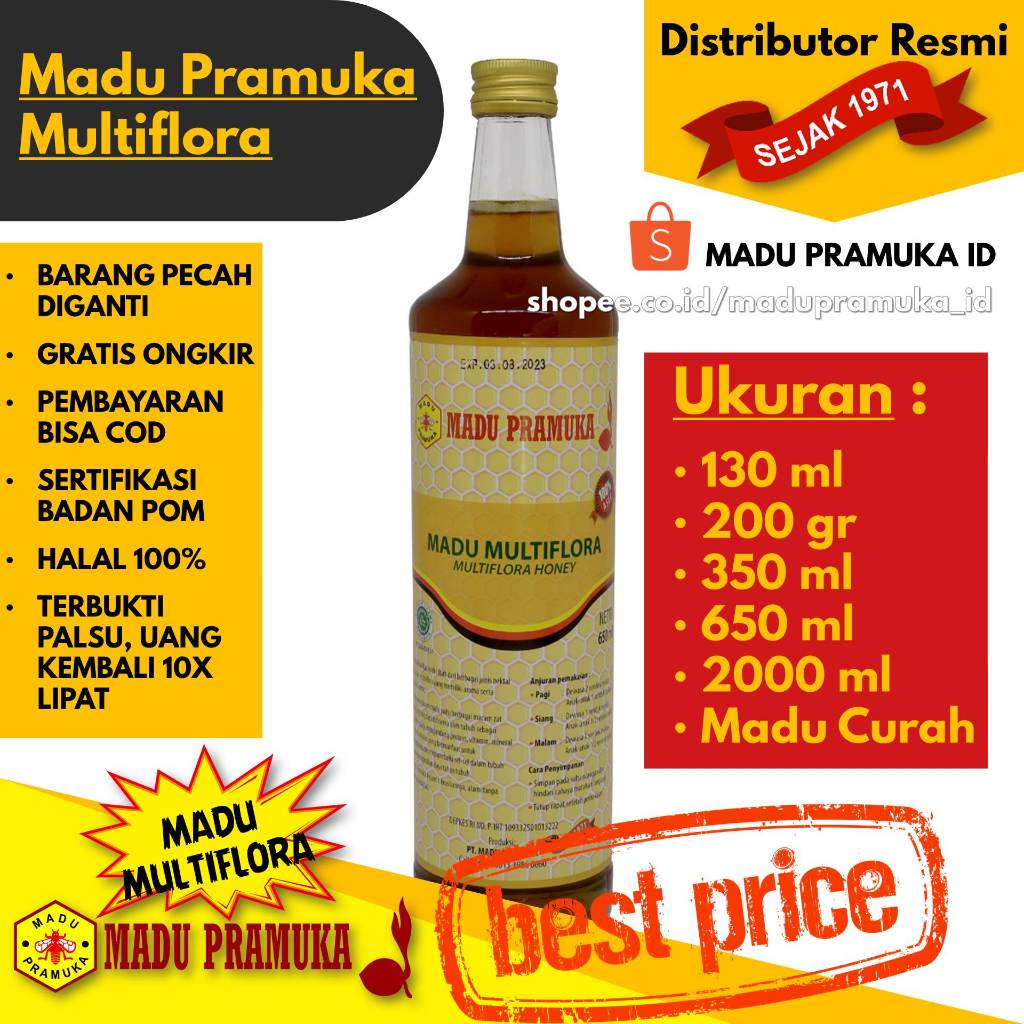 

Madu Pramuka Multiflora - 130 ML 200 GR 350 ML 650 ML 2000 ML Liter - Asli Enak Original Alami Murni