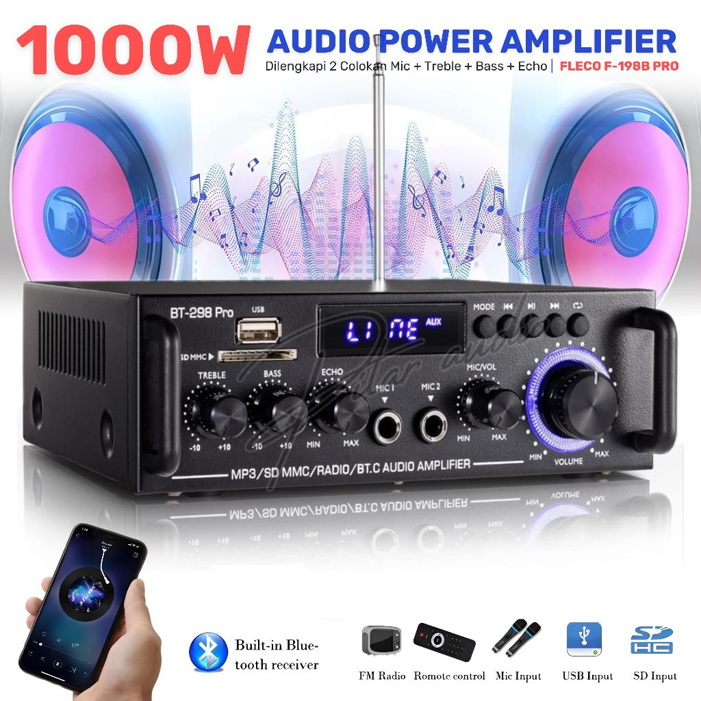 FLECO BT-198B PRO Audio Amplifier Bluetooth 5.0 HiFi Stereo AMP Speaker Max 1000W Output Mini