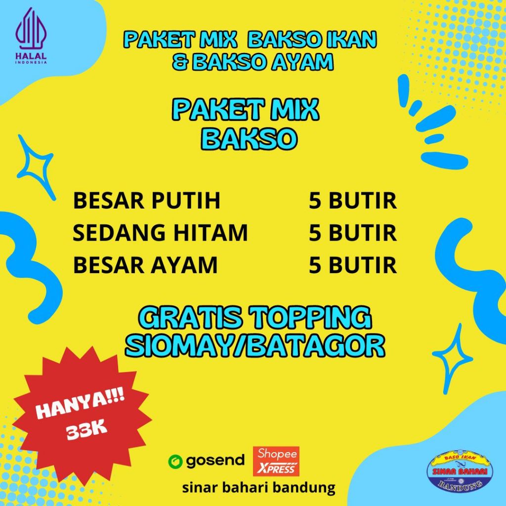 

Bakso ayam Bakso ikan paket mix varian besar sedang gratis topping siomay/batagor mini kemasan vacum