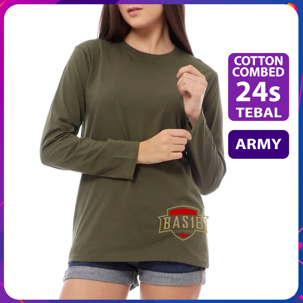 Kaos Polos 24s Cotton Combed Premium Asli Hijau Army Lengan Panjang