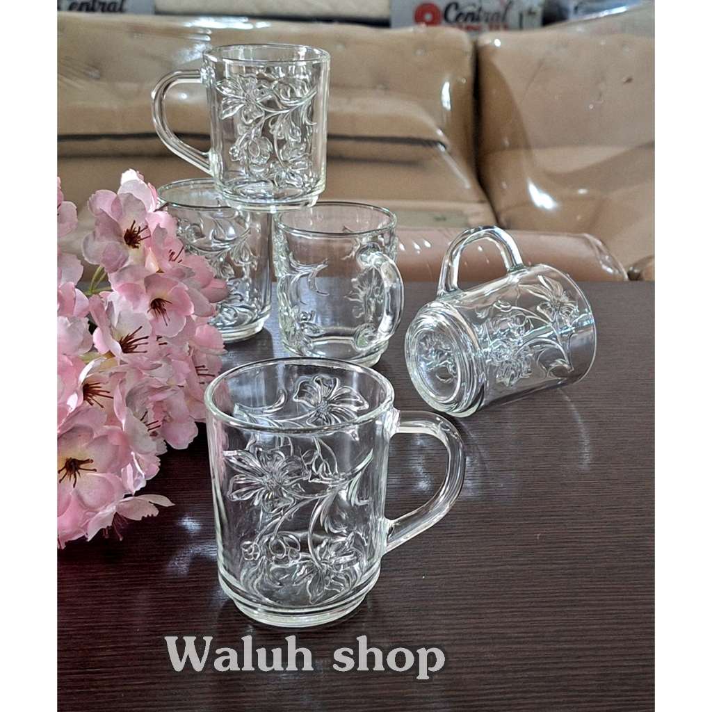 Gelas Kaca Bening Gelas Gagang Motif Bunga Kamboja isi 6pcs