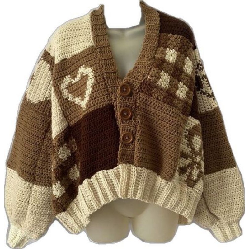 Cardigan Crochet Patchwork Chocolate / Kardigan Rajut Kotak / Kardigan Rajut Motif Kotak