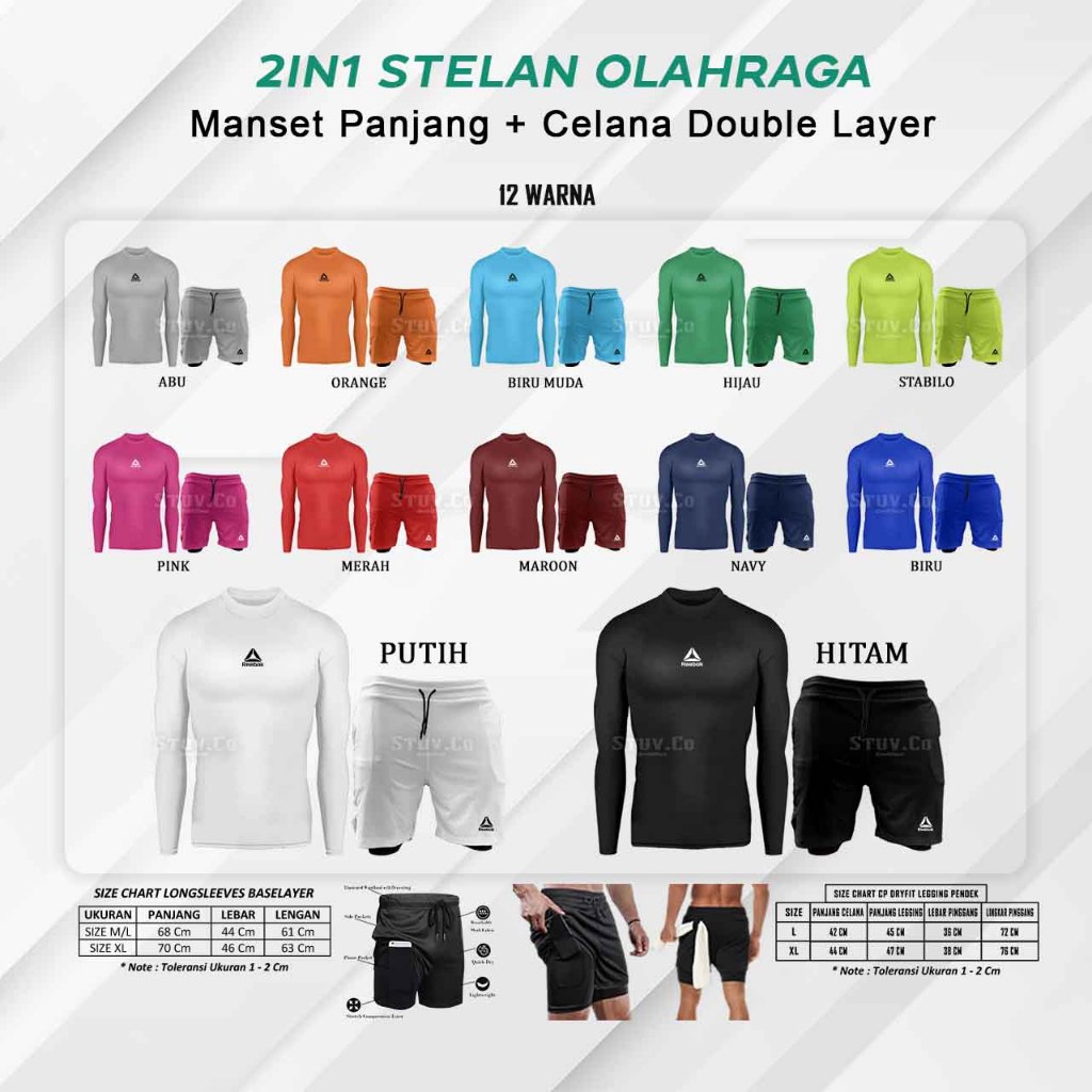 PAKET SETELAN 2IN1 MANSET BASELAYER LENGAN PANJANG STRIT CELANA DOUBLE LAYER DRYFIT SEPEDA KOMPRESI