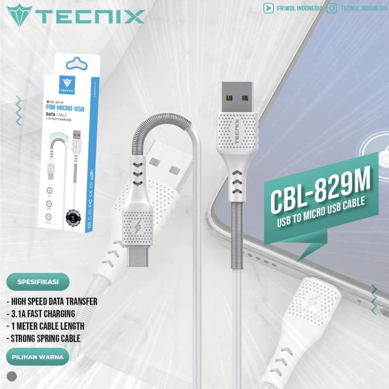 TECNIX Kabel Data Spring USB Mikro, Type C Dan Lightning Seri CBL-829 M, CBL-829 C, CBL-829 3.1A Fas