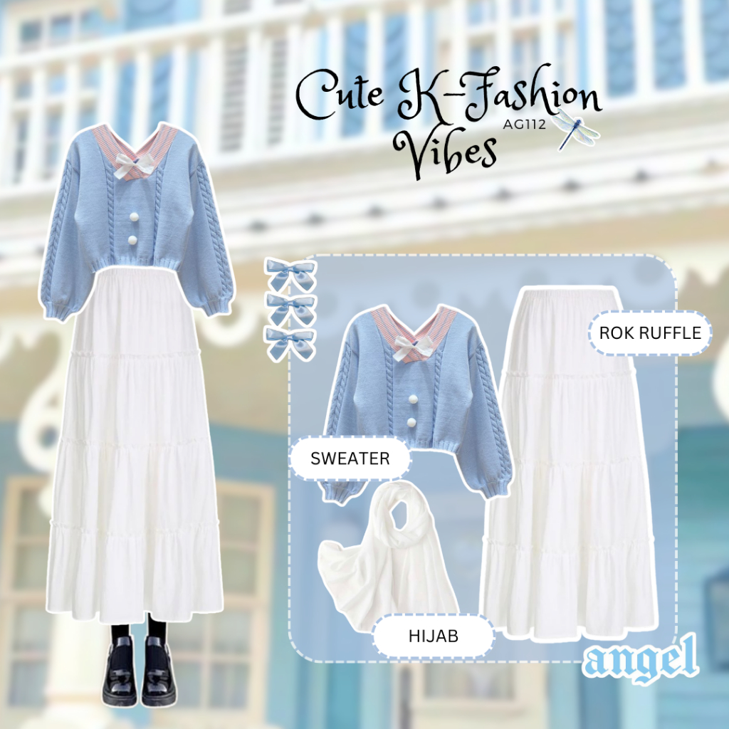 Outfit Set Korean Style Gemas OOTD Korean Style Terbaru Sweater Biru Set Rok Ruffle Putih Outfit Stu