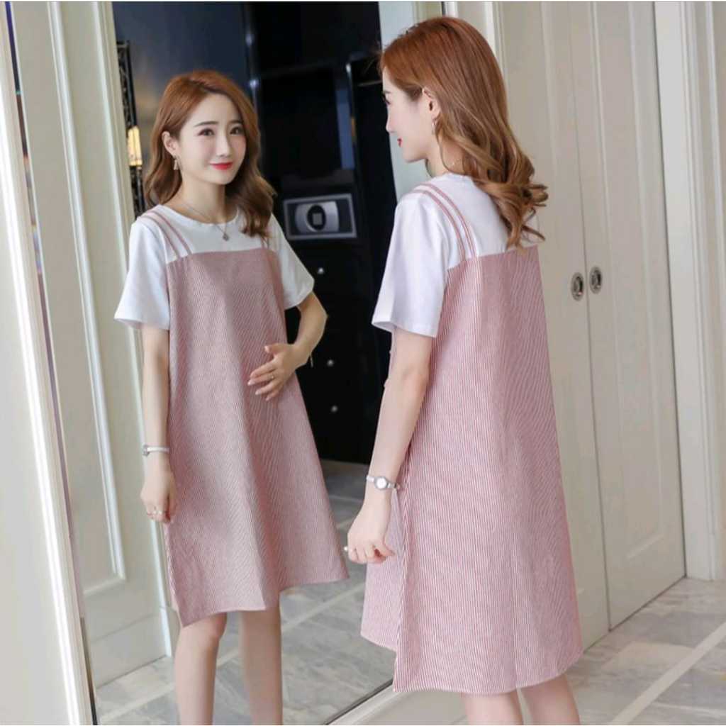 Missy Fashion Shop COD Bisa pakai Gosend Dress Bumil Pink Salur Lengan pendek Style Korea / Dress Wa