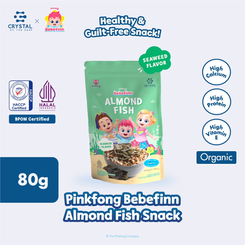 

CRYSTAL OF THE SEA Pinkfong Bebefinn Almond Fish Snack Keripik Ikan Teri Kacang Almond Halal BPOM 80GR Rasa Nori Flavor Sehat Tanpa MSG dan Pengawet 108