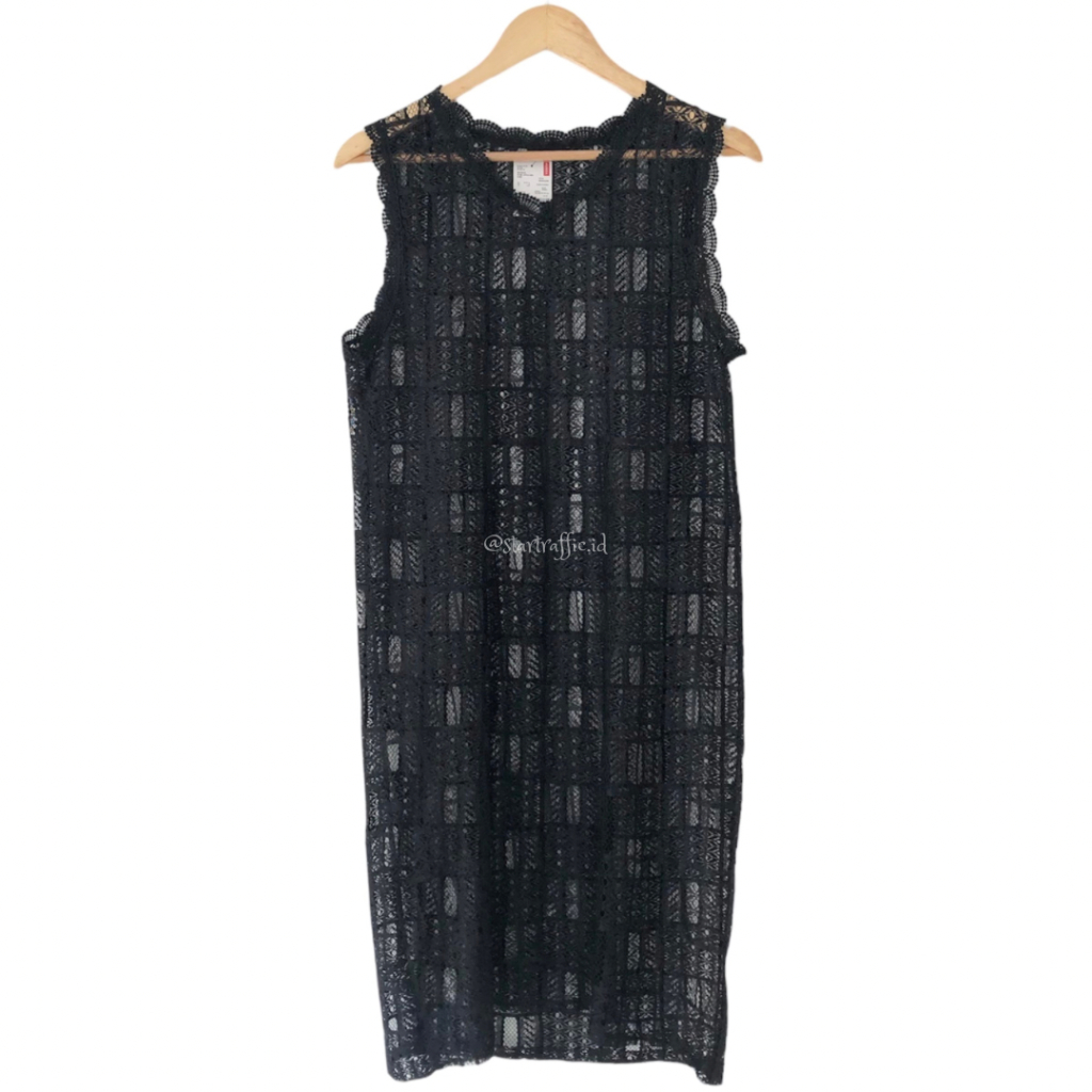 BAJU DRESS MIDI LACE BLACK RENDA KERAH V NECK SLEEVELESS