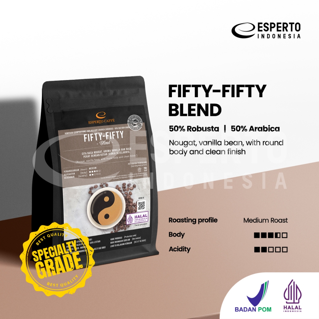 

PROMO ESPERTO CAFFE FIFTY FIFTY SPECIALITY BLEND 200GR - BIJI KOPI - BEANS
