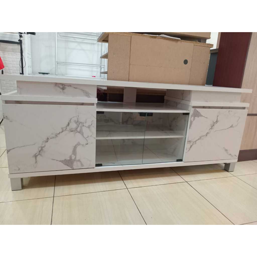 MEJA TV / BUVET TV MINIMALIS MOTIF MARBLE / BUVET AESTHETIC BAHAN PARTIKEL BOARD