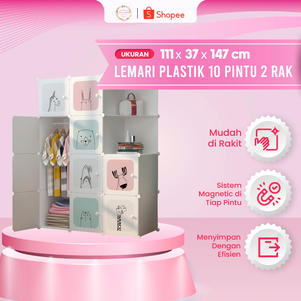 Worldream Lemari Plastik 10 Pintu 2 Rak + 1 Gantungan Lemari Plastik Portable Serbaguna