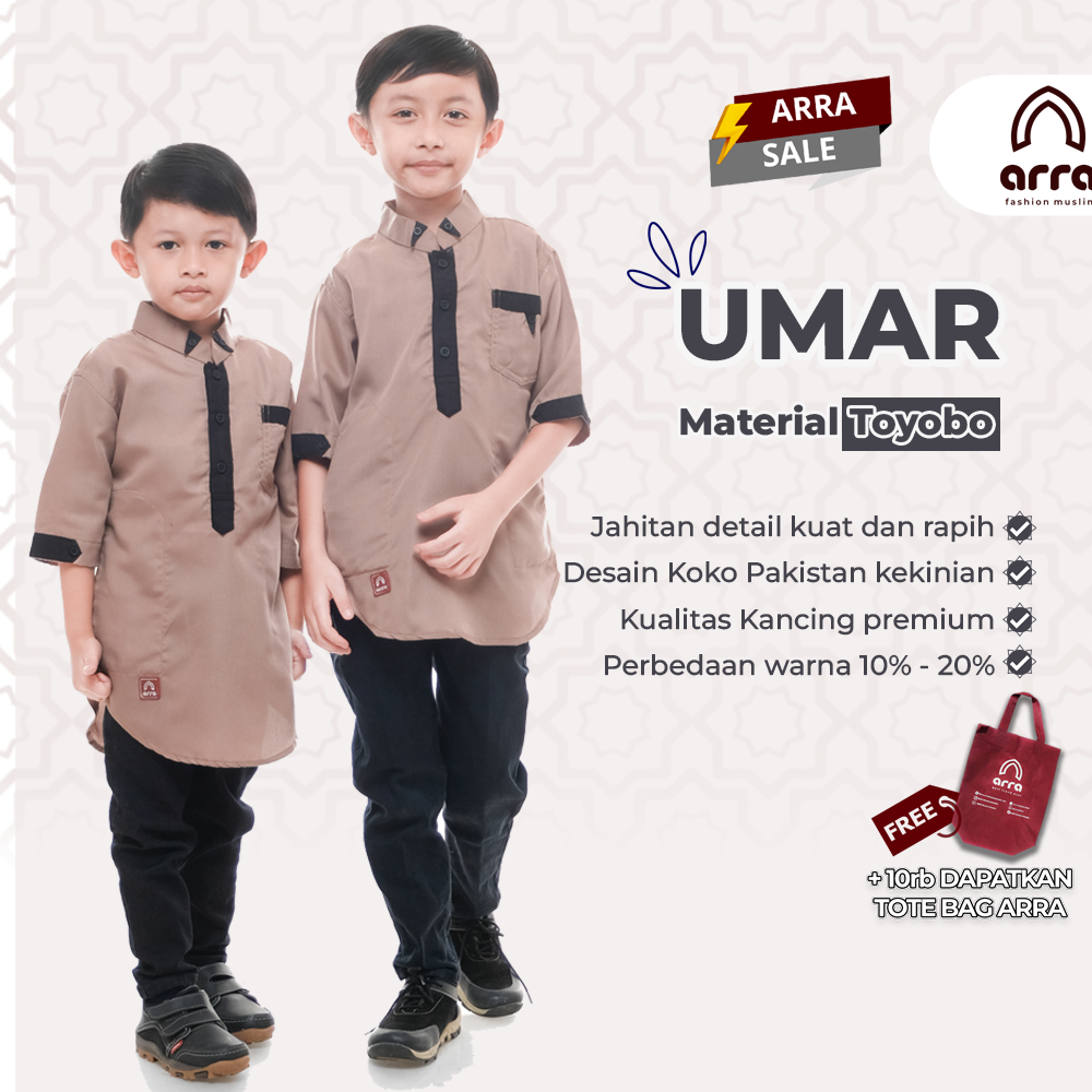 Arra Umar Baju Koko Anak Laki Laki Lengan 3/4 Bahan Toyobo Kurta Size S M L XL XXL Warna Mustard , Putih , Maroon , Navy , Coklat (Grosirbajukoko)