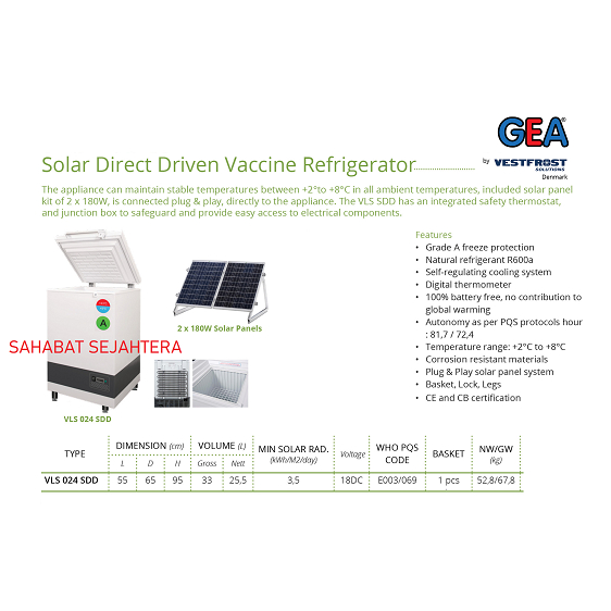 GEA Solar Vaccine Refrigerator VLS-024-SDD Kulkas Penyimpanan Obat Farmasi