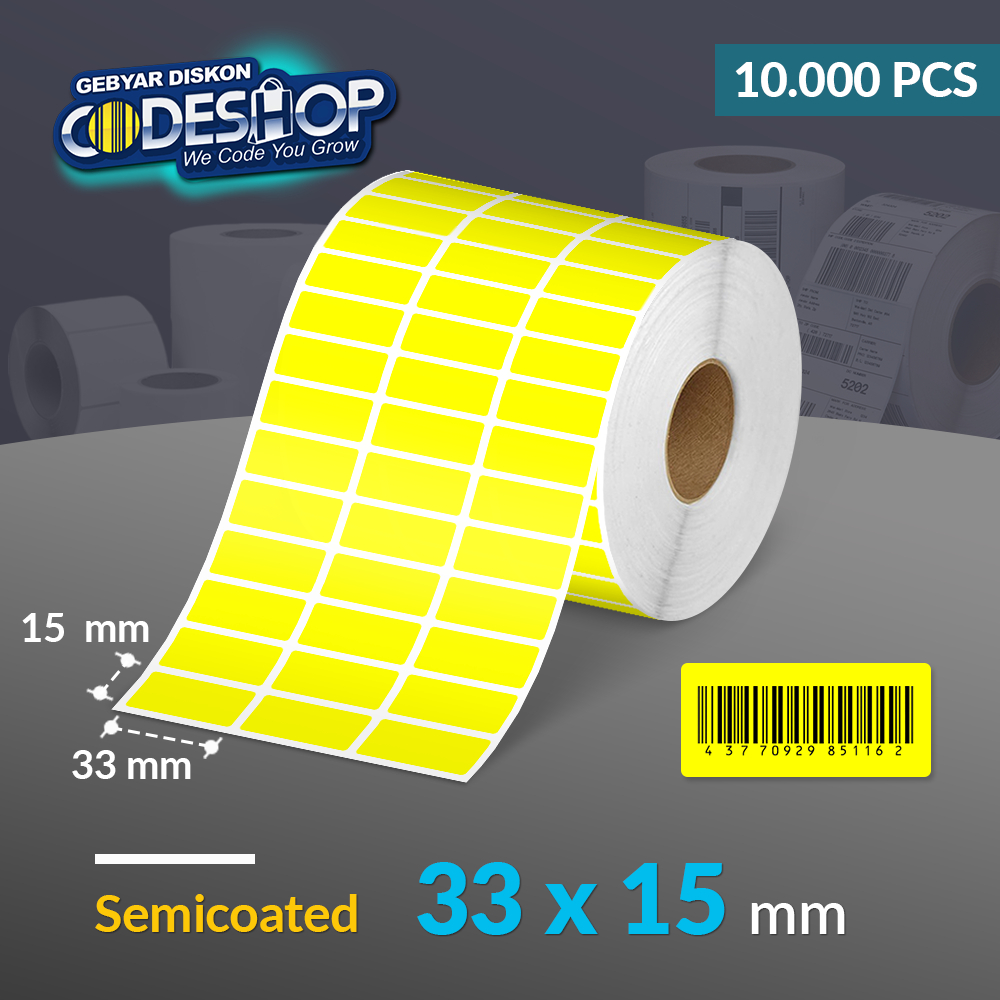 

Codeshop Label Semicoated 33 x 15 mm Warna 3 Line Stiker Printer Barcode Core 1 Inch Isi 10.000 Pcs