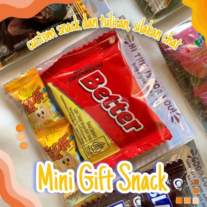 

Mini snack | gift untuk sahabat | pacar | anniv | sempro | acara pesta | ultah bday | CUSTOM SNACK dan TULISAN