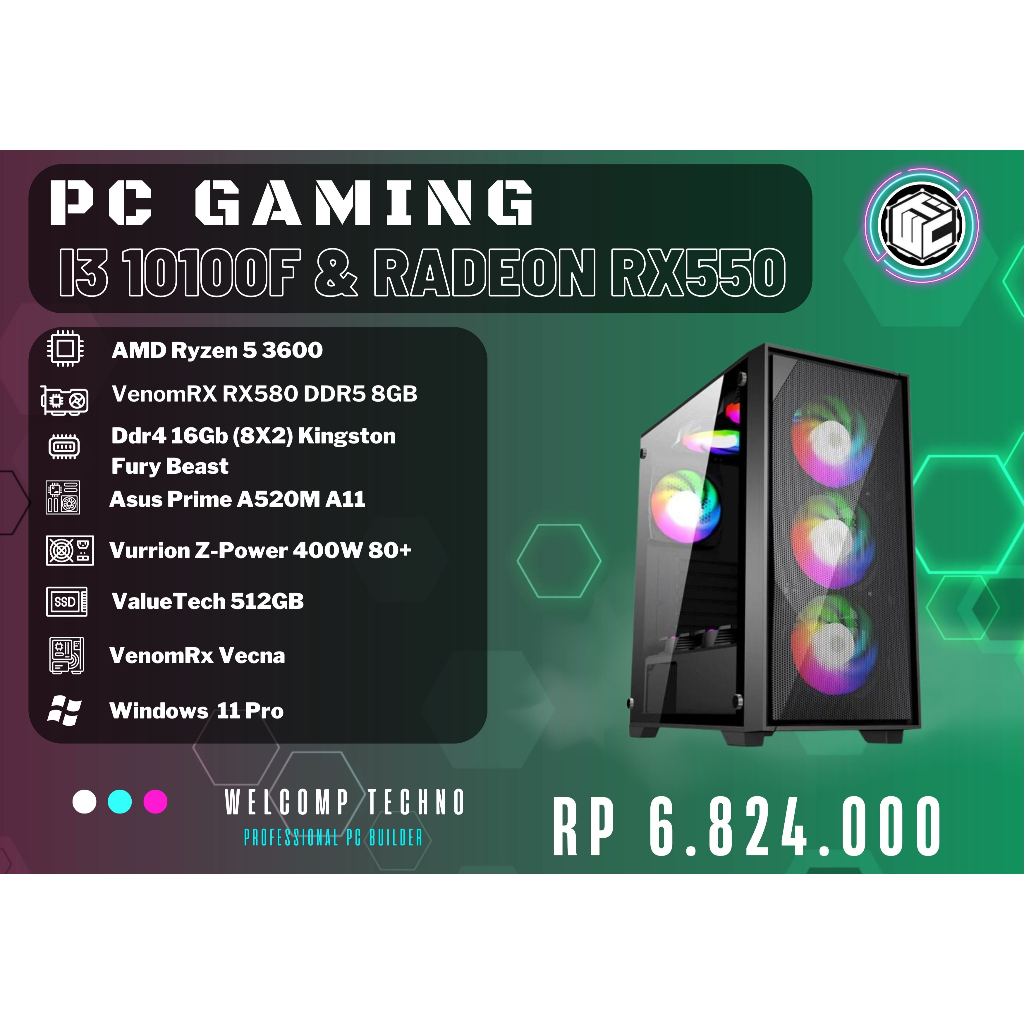 Komputer PC Gaming Ryzen 5 3600 / 16Gb (8X2) / 512GB Sata / VenomRX RX580 / VenomRx Vecna