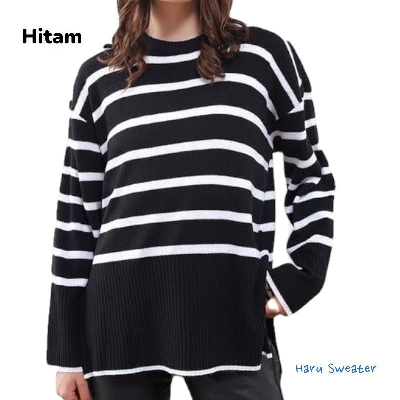 Oversize sweater rajut striped blouse outfit haru knit