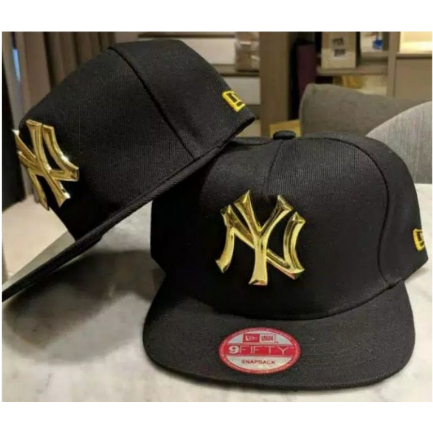 Topi Snapback NY Baseball Cap Plat Metal Gold Emas Hitam