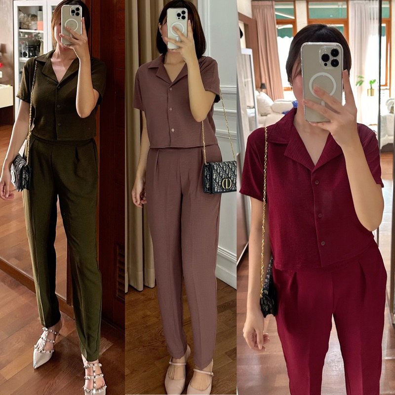 ONE SET  TANGAN PENDEK CRINCLE PREMIUM SETELAN CRINKLE SETCEL PAKAIAN WANITA FULL KANCING BUSUI