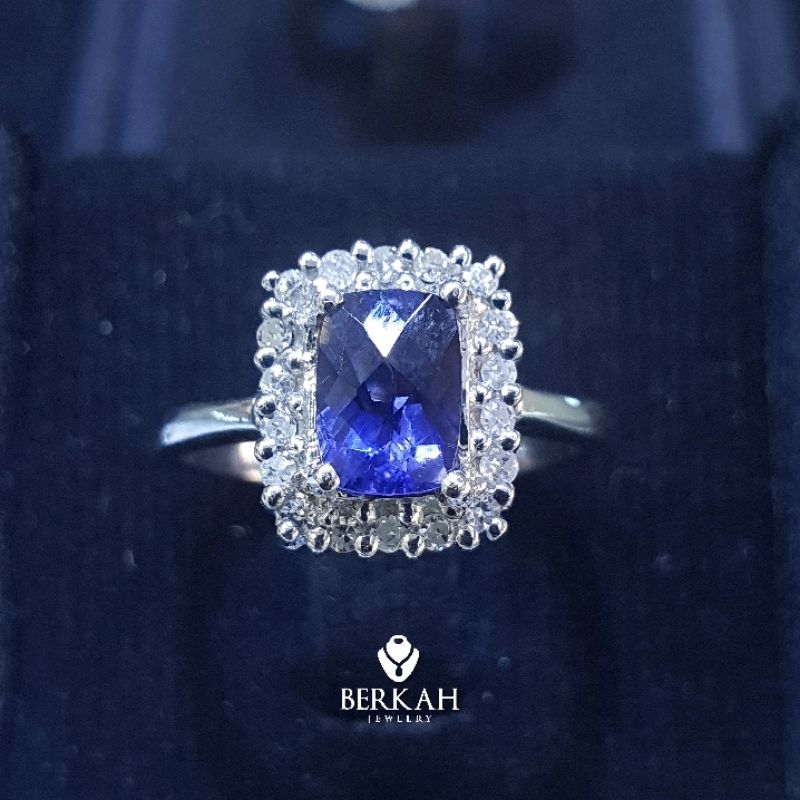 Cincin emas berlian asli natural diamond blue sapphire mozambique