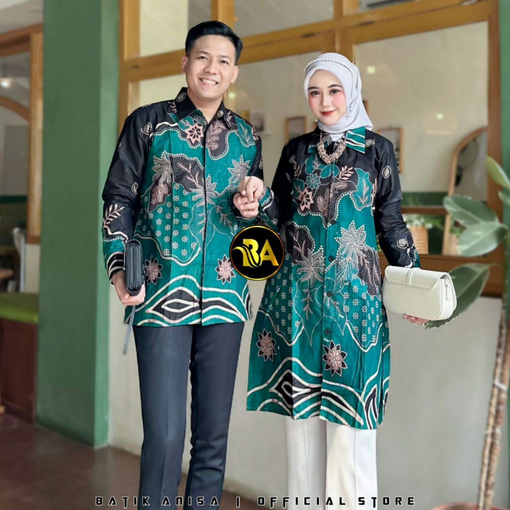 Set baju batik couple lengan panjang katun premium motif sidomukti ijo By Osaka Jaya