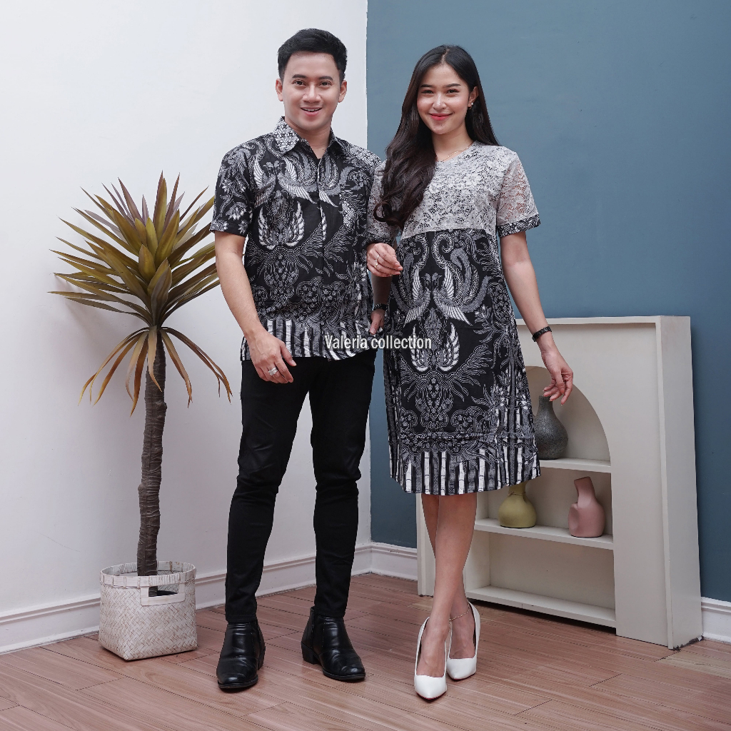 Baju Batik Couple Dress Brokat Pasangan Lengan Pendek Baju Pesta Motif Burung Walet Grey