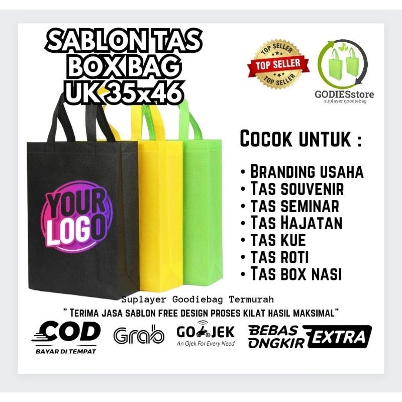 SABLON tas kain GOODIEBAG SPUNBOND UK 35X46X12 TAS PROMOSI TAS BAKSOS TAS BELANJA FREE DESIGN SUKA S